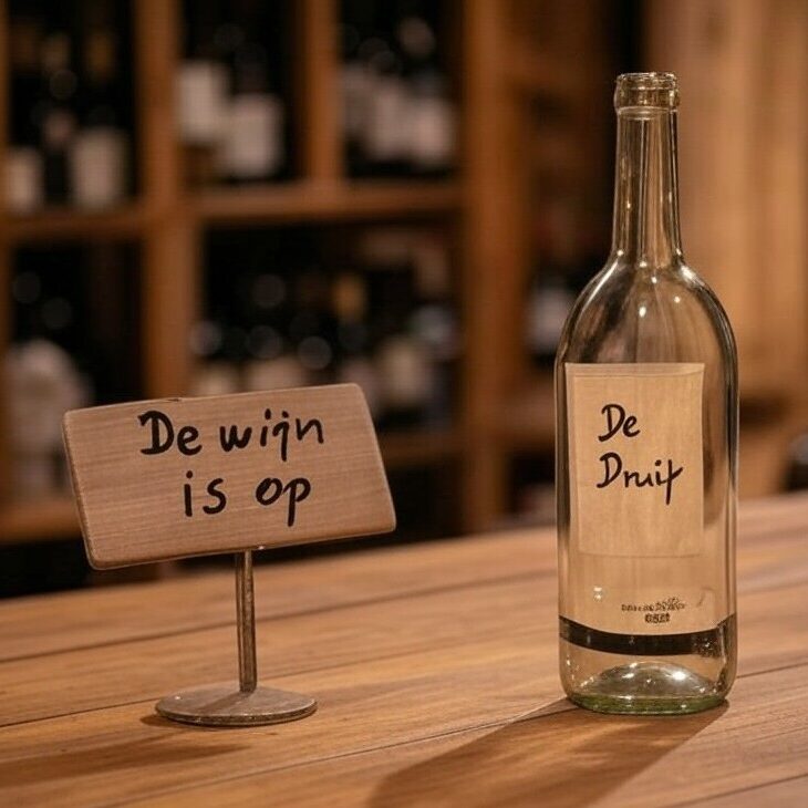 Een noodsituatie: De wijn is op! We hebben geen wijn meer in huis en de voorraad is op.